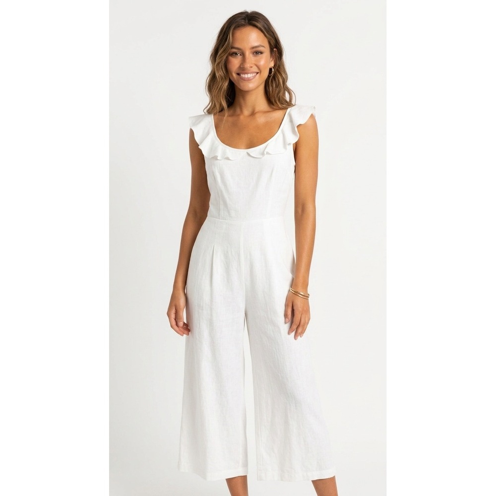 Altar'd State White Ruffle Square Neck Jumpsuit Wide Leg‎ Culotte Style Size S
